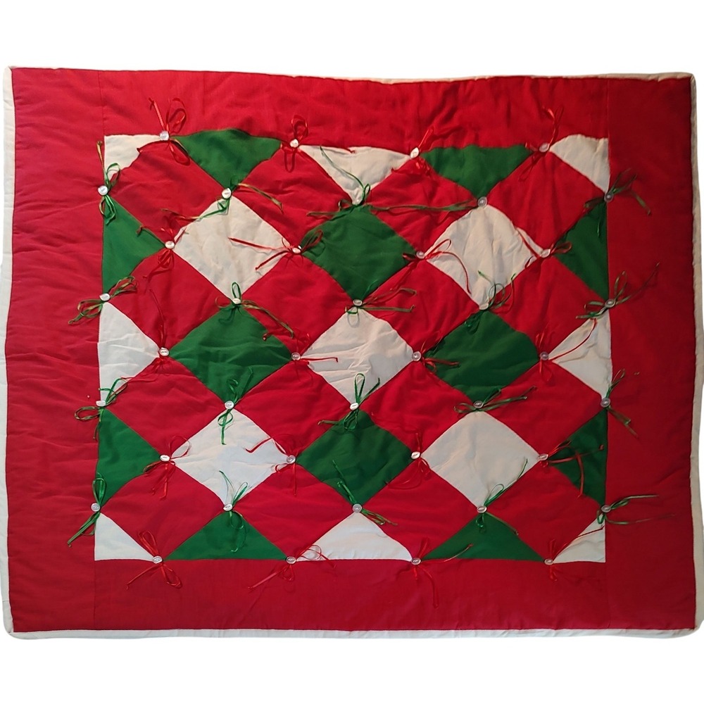 Handmade Cotton‎ Christmas Quilt Tied Bows and Buttons Red Green Lap Throw